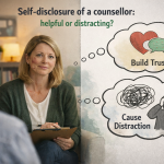 Illustration of a counselling session showing self-disclosure can build trust or cause distraction.
