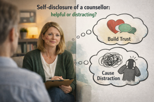 Illustration of a counselling session showing self-disclosure can build trust or cause distraction.