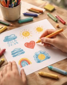 Hands drawing simple emotion symbols (sun, rain cloud, heart, rainbow) with crayons, illustrating how art can help name and express feelings.