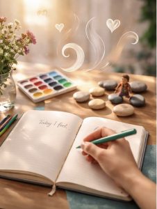 An open notebook with “Today I feel…” alongside paints and calming objects, representing using creativity to explore and express emotioN
