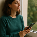 Person closing a phone and taking a calm breath, choosing to focus on their own life rather than social media comparisons.