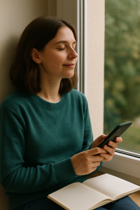 Person closing a phone and taking a calm breath, choosing to focus on their own life rather than social media comparisons.