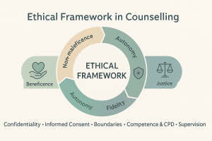 Ethical framework in counselling: five core principles diagram.
