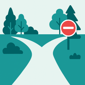 Forked woodland path symbolising counsellors facing new BACP accreditation routes where some paths remain open and others are blocked