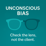 Unconscious bias concept graphic with [glasses/spotlight/iceberg] metaphor.