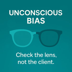 Unconscious bias concept graphic with [glasses/spotlight/iceberg] metaphor.