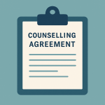 Illustration of a clipboard with a document titled Counselling Agreement for counselling in Sheffield