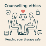 Illustration of a counsellor and client sitting with balanced scales and a heart between them, symbolising safe and ethical counselling.
