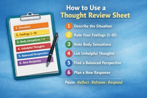 Infographic showing the six steps of a Thought Review Sheet: describe the situation, rate feelings 1 to 10, note body sensations, list unhelpful thoughts, find a balanced perspective, and plan a new response.