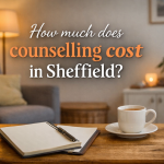 Notebook and cup of tea in a calm counselling room in Sheffield