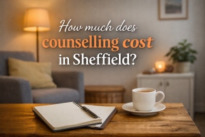 Notebook and cup of tea in a calm counselling room in Sheffield