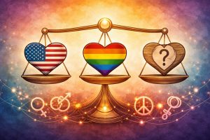 Symbolic illustration of three heart shapes balanced on a set of scales, representing differing values, identity and ethical reflection in therapy.