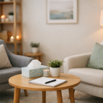 Calm counselling room with soft lighting, two chairs facing each other and a small table creating a welcoming therapy space