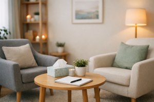 Calm counselling room with soft lighting, two chairs facing each other and a small table creating a welcoming therapy space