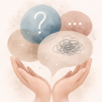 Soft abstract shapes and hands representing uncertainty and self-doubt around seeking counselling