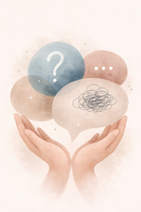 Soft abstract shapes and hands representing uncertainty and self-doubt around seeking counselling